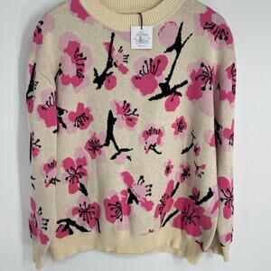 Arizona Tea Sweater Womens Small cream & Pink Oversized Cherry Blossom Whimsical